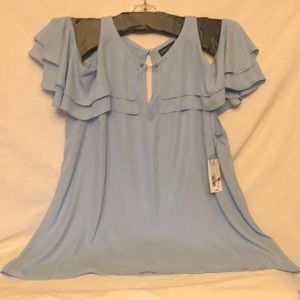 Ladies Bold Elements top. Beautiful sky blue with gold accents. Bare shoulders.